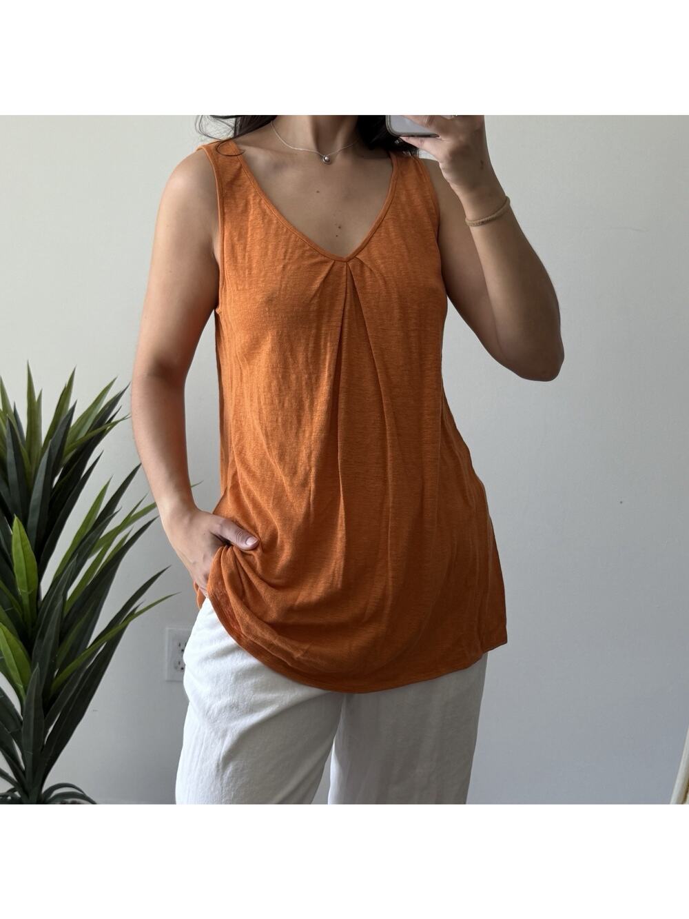 Eileen Fisher Linen Tank Top Medium Rust Orange Sleeveless Tunic Pleated V Neck